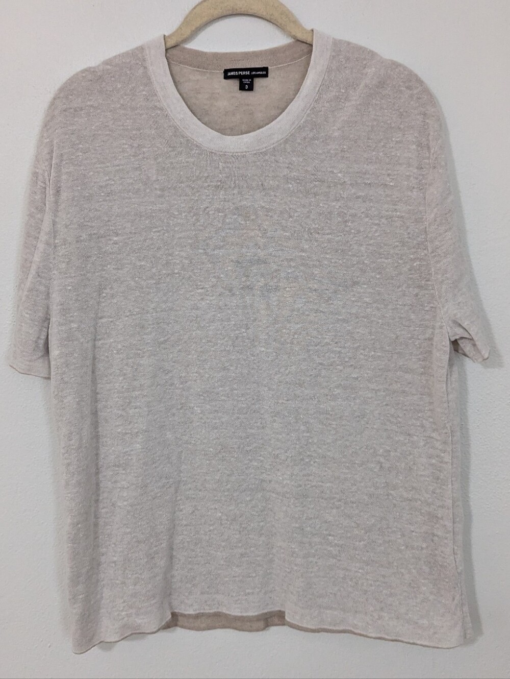 James Perse Linen Crewneck T Shirt Short Sleeve Slub Knit Beige Tan 3 Large L
